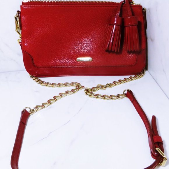 Burberry Authentic Peyton Crossbody Grained Red Leather Tassel & Chain Strap - Picture 1 of 8